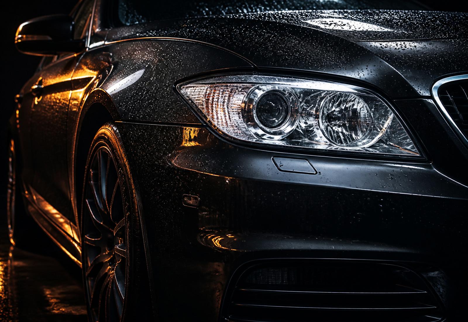 Freshly detailed black car with a restored, crystal-clear headlight